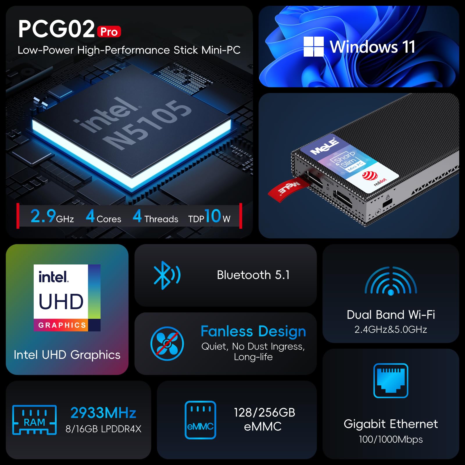 MeLE Fanless Mini PC Stick PCG02 Pro N5105 8GB/128GB Windows 11 Pro WiFi5 USB PD3.0 Micro Computer Stick Dual HDMI 4K Gigabit Ethernet BT5.1 Small PC on Business Office Industrial IOT Media Home