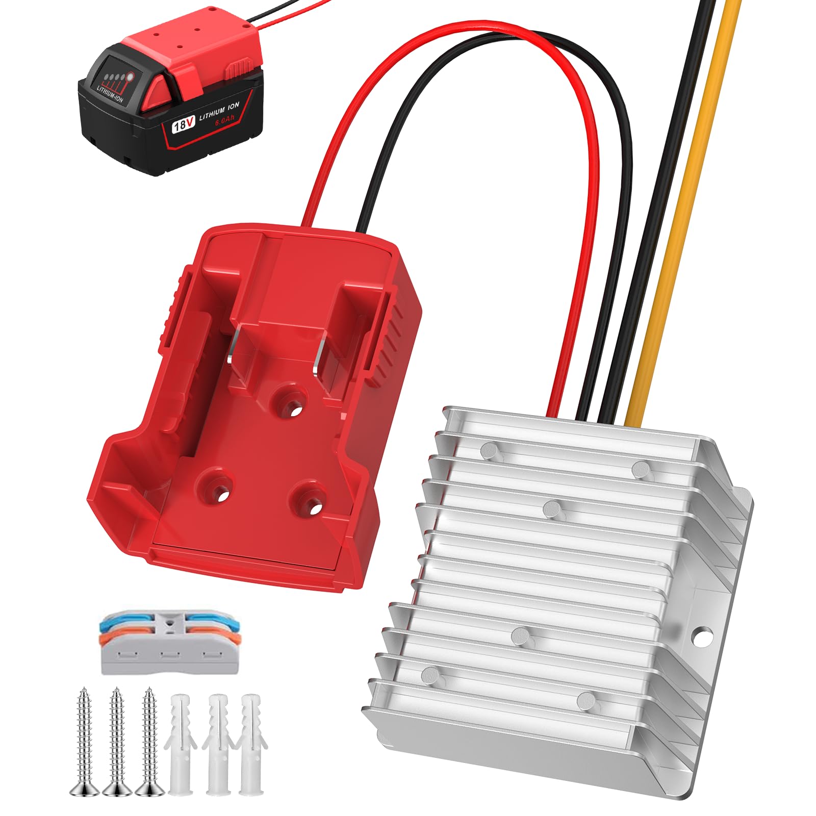 18V to 12V Step Down Converter Aadpter for Milwaukee M18 Batteries, DC 18V to DC 12V 15A 180W Milwaukee Power Wheel Inverter, Buck Boost Voltage Regulator with Low Voltage Protection (No Battery)