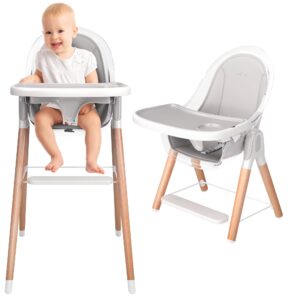 high chair by children of design non-reclinable 6 in 1 baby highchair for babies and toddlers, modern wooden, easy to clean, removable tray and cushion