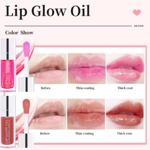 2pcs Hydrating Lip Glow Oil Set Pink Tinted Plumping Lip Care Gloss Balm Big Applicator Clear Transparent Toot Nourishing Non-sticky Moisturizing Glitter Primer for Dry Lip Raspberry& Rosewood