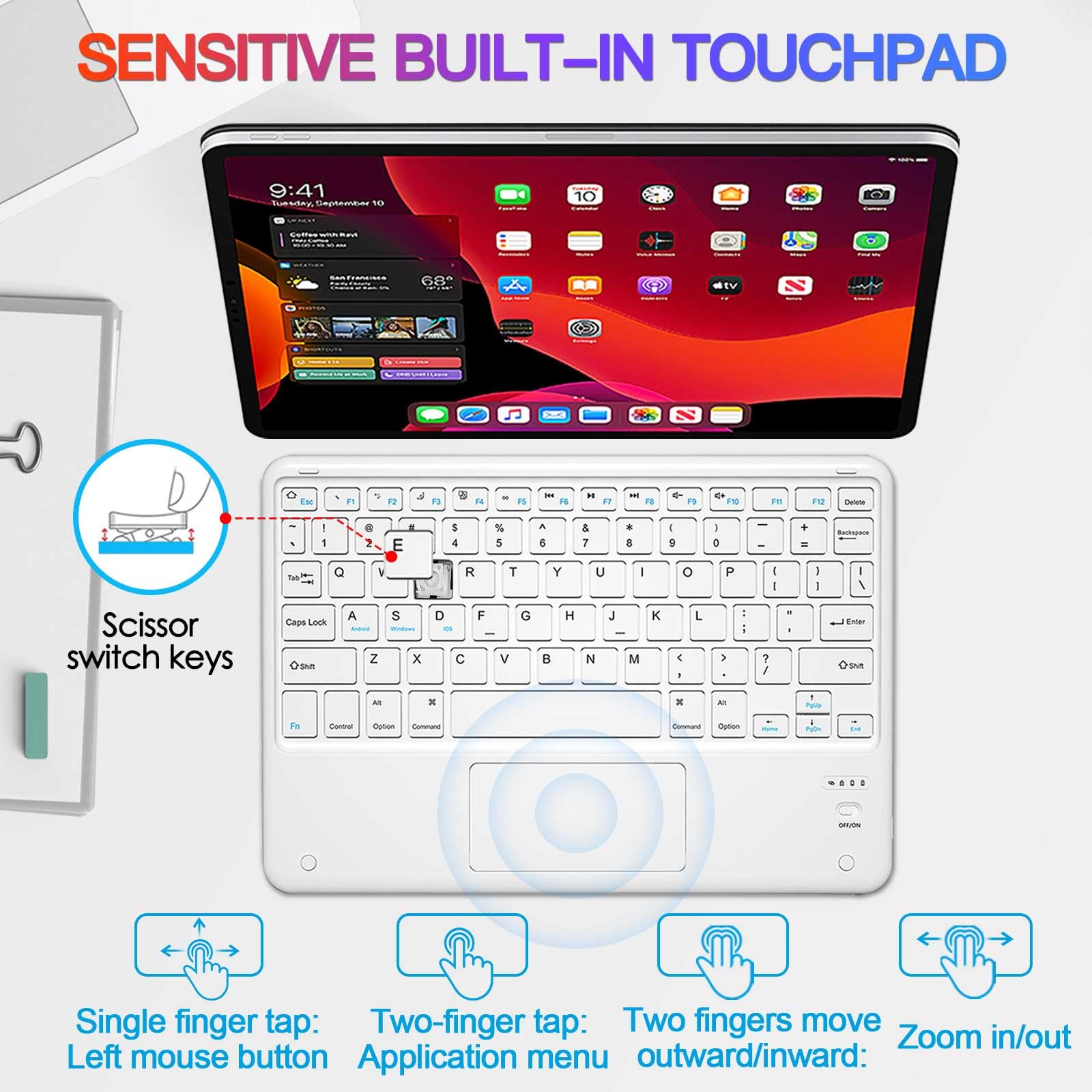 TOPIPRO Bluetooth Keyboard, Slim 7 Colors Backlit Wireless Bluetooth Keyboard with Touchpad Built in Rechargeable Battery for iOS Android Windows Tablets PC Smartphone