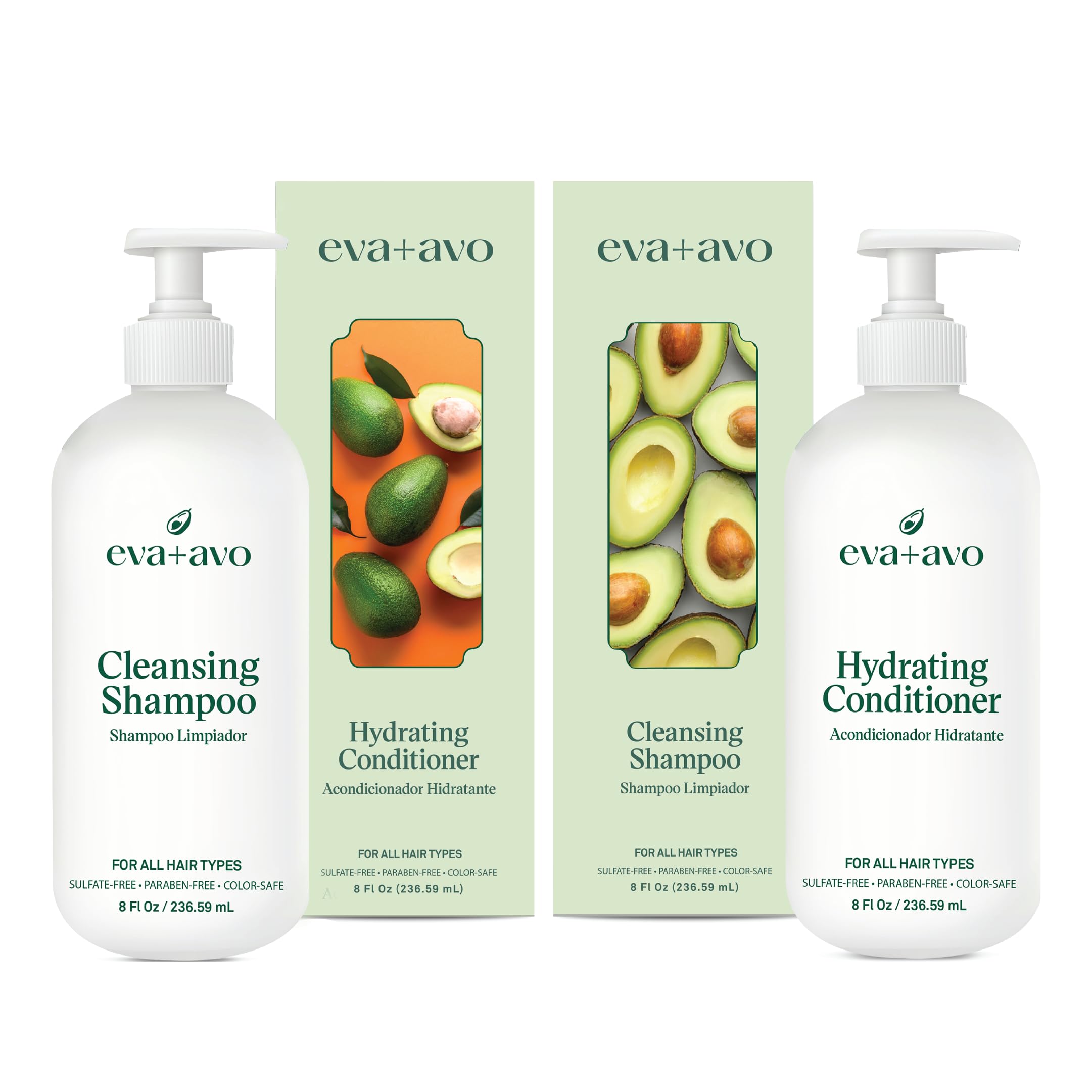 EVA + AVO Shampoo and Conditioner Set – Cleansing Shampoo and Hydrating Conditioner with Avocado Oil and Wild Rosemary for All Hair Types – 8 Fl Oz