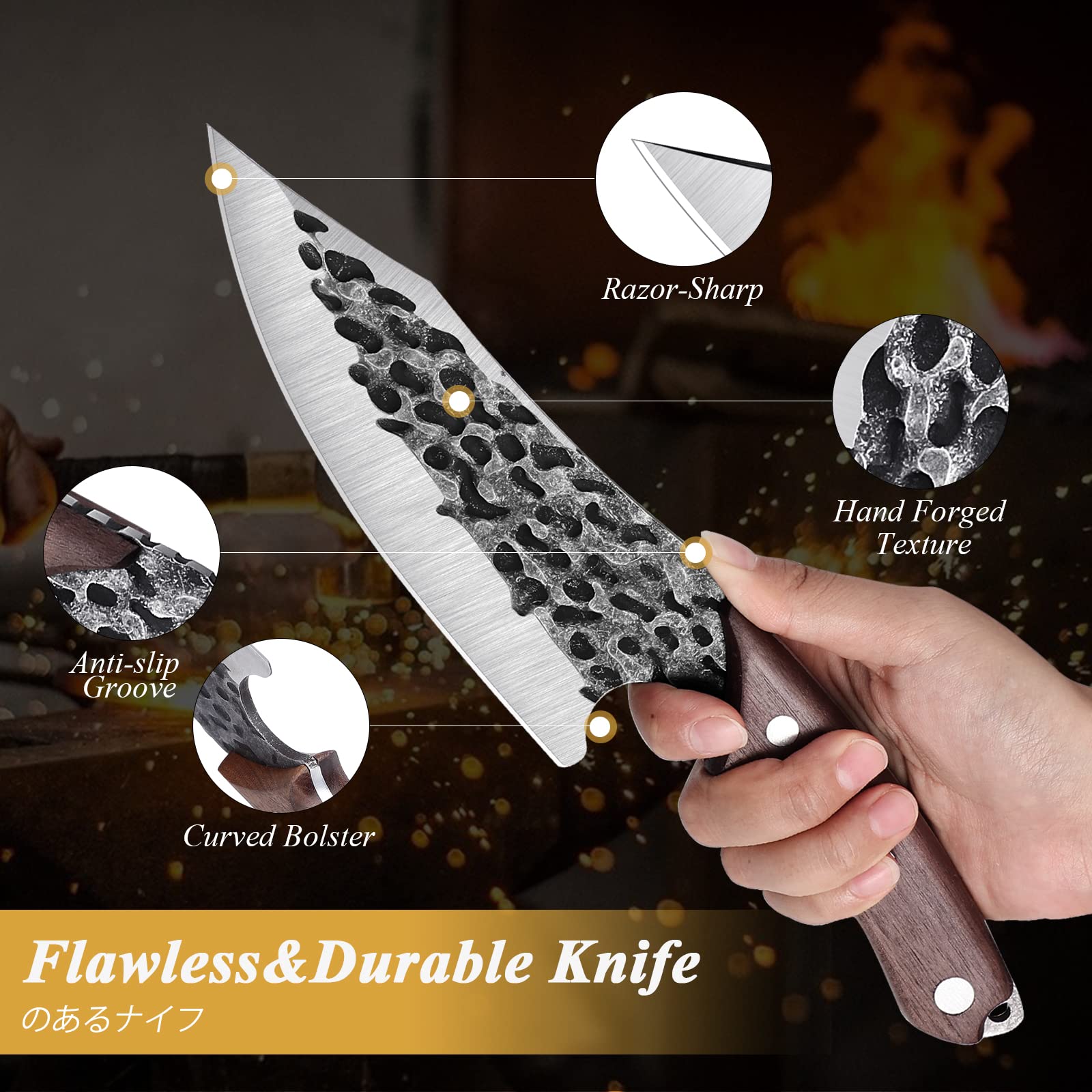 Huusk Japanese Chef Knife Caveman Knife Bundle with Viking Knife with Opener & Sheath for Halloween Kitchen Camping BBQ, Ideal Thanksgiving Gift