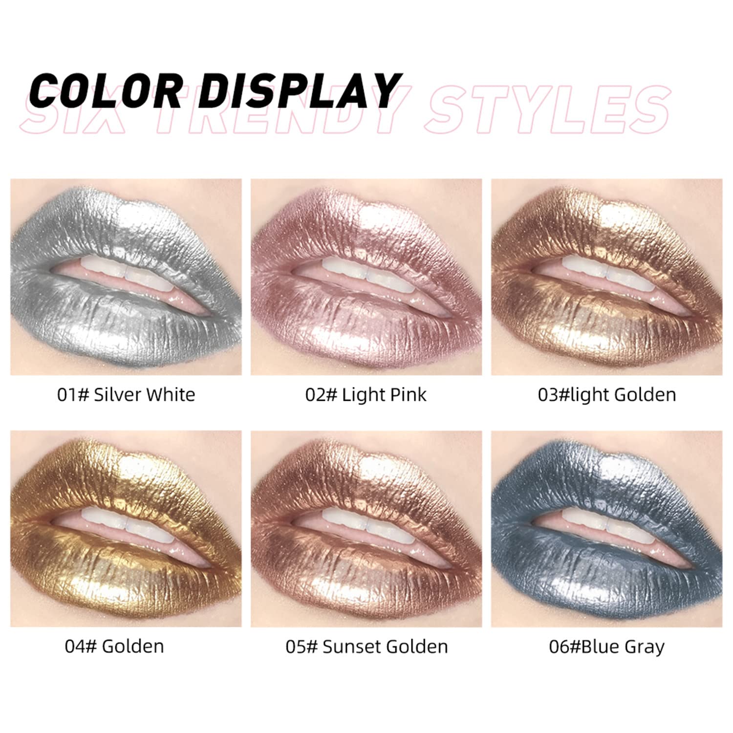 MAEPEOR Metallic Liquid Lipstick Set 6 Color Shimmer & Glitter Metallic Lipstick Long Wear and Non-stick Cup Diamond Pearl Lip Gloss Kit (Set 01)