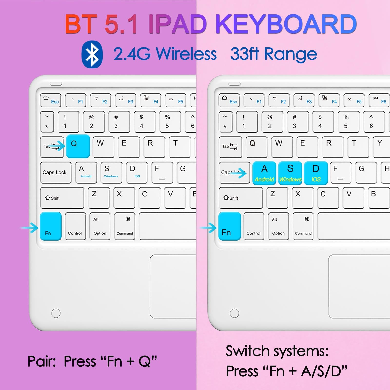 TOPIPRO Bluetooth Keyboard, Slim 7 Colors Backlit Wireless Bluetooth Keyboard with Touchpad Built in Rechargeable Battery for iOS Android Windows Tablets PC Smartphone