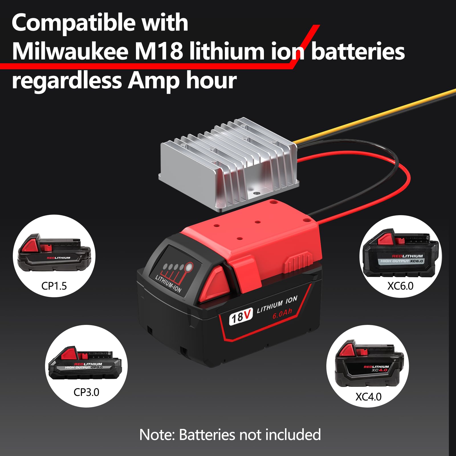 18V to 12V Step Down Converter Aadpter for Milwaukee M18 Batteries, DC 18V to DC 12V 15A 180W Milwaukee Power Wheel Inverter, Buck Boost Voltage Regulator with Low Voltage Protection (No Battery)