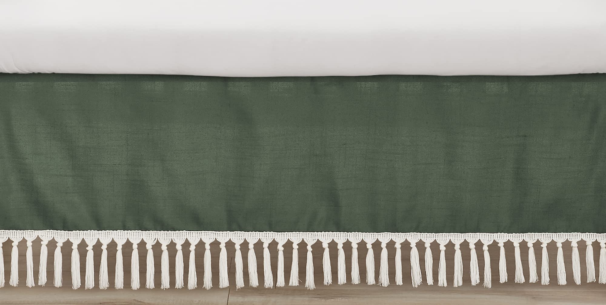 Sweet Jojo Designs Dark Green Boho Chic Girl Boy Unisex Baby Crib Bed Skirt Nursery Dust Ruffle Solid Sage Hunter Ivory Bohemian Gender Neutral Linen Macrame Modern Farmhouse Designer Minimalist Tuft