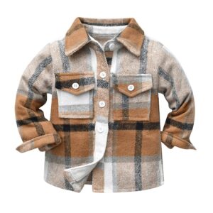 toddler baby boys plaid flannel shirt long sleeve button down shirts fur-lined jacket shirt winter fall tops clothes kids family matching christmas buffalo plaid shirt with pockets coffee 5-6 years