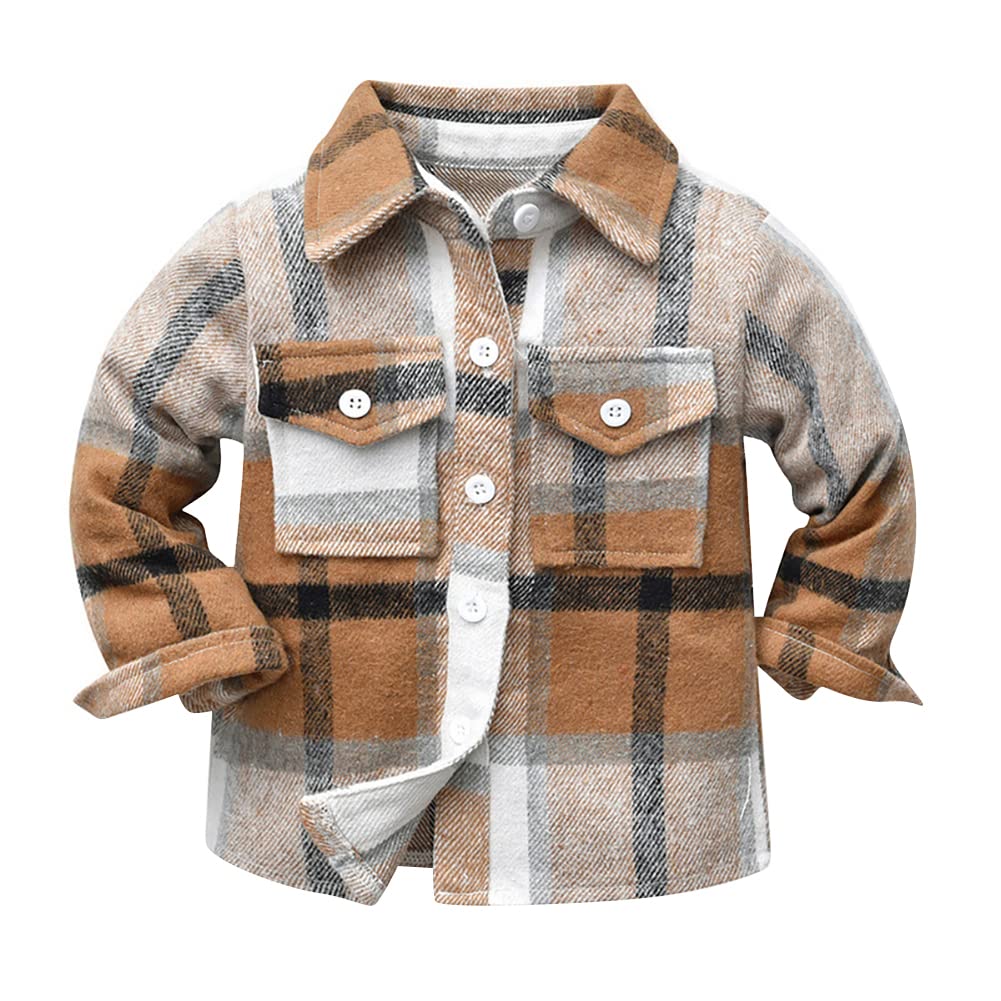 Toddler Baby Boys Plaid Flannel Shirt Long Sleeve Button Down Shirts Fur-Lined Jacket Shirt Winter Fall Tops Clothes Kids Family Matching Christmas Buffalo Plaid Shirt with Pockets Coffee 5-6 Years