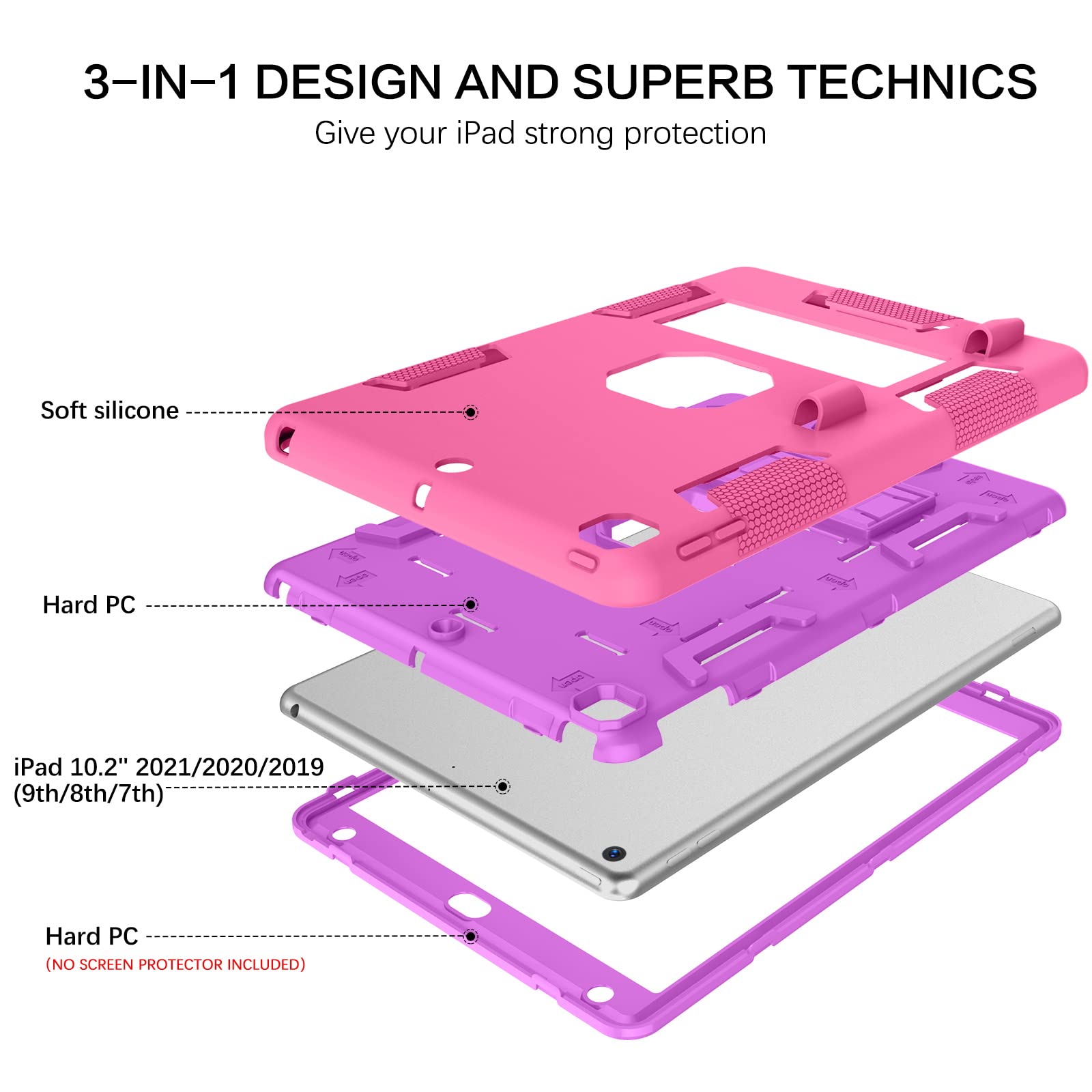 Telaso Compatible with iPad 9th Generation Case,iPad 8th Generation Case, iPad 7th Generation Case, iPad 10.2 2021/2020/2019 Case, 3 in 1 Heavy Duty Kickstand Case with Pen Holder, Pink Purple