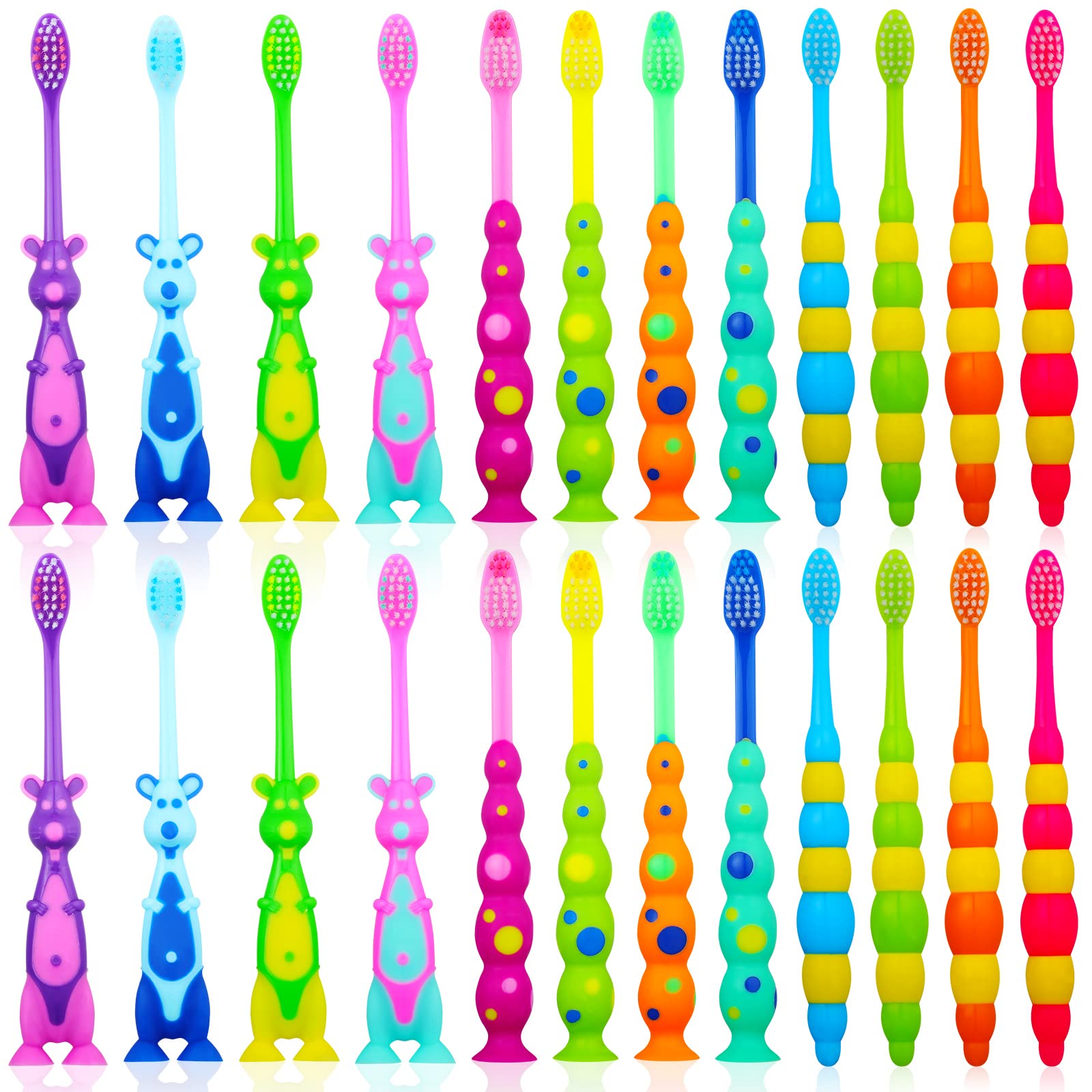 Lauwell 24 Pieces Toddler Toothbrush Bulk Kids Toothbrush Pack Manual Baby Toothbrushes with Covers Suction Cup Toothbrush Lovely Soft Bristle Animal Toothbrush for Kids Sensitive Teeth