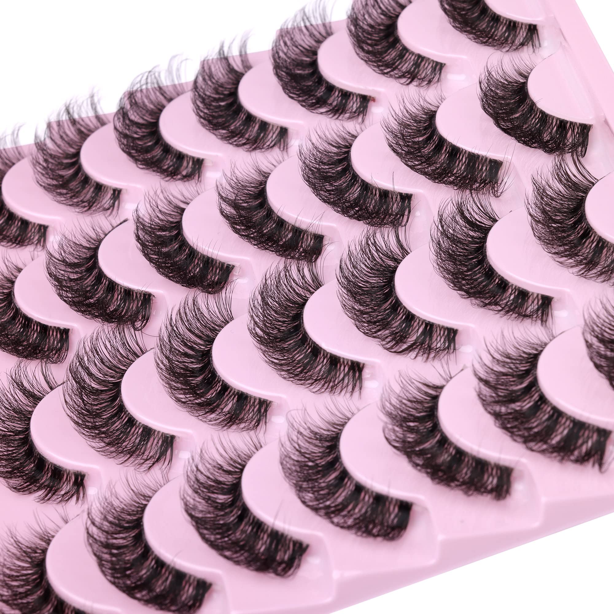 JIMIRE False Eyelashes with Clear Band Wispy Cat Eye Natural Russian Strip D Curl Lashes Faux Mink Cat Eye 15MM Wispy Fluffy Thin Lashes 14 Pairs Pack