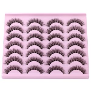 JIMIRE False Eyelashes with Clear Band Wispy Cat Eye Natural Russian Strip D Curl Lashes Faux Mink Cat Eye 15MM Wispy Fluffy Thin Lashes 14 Pairs Pack