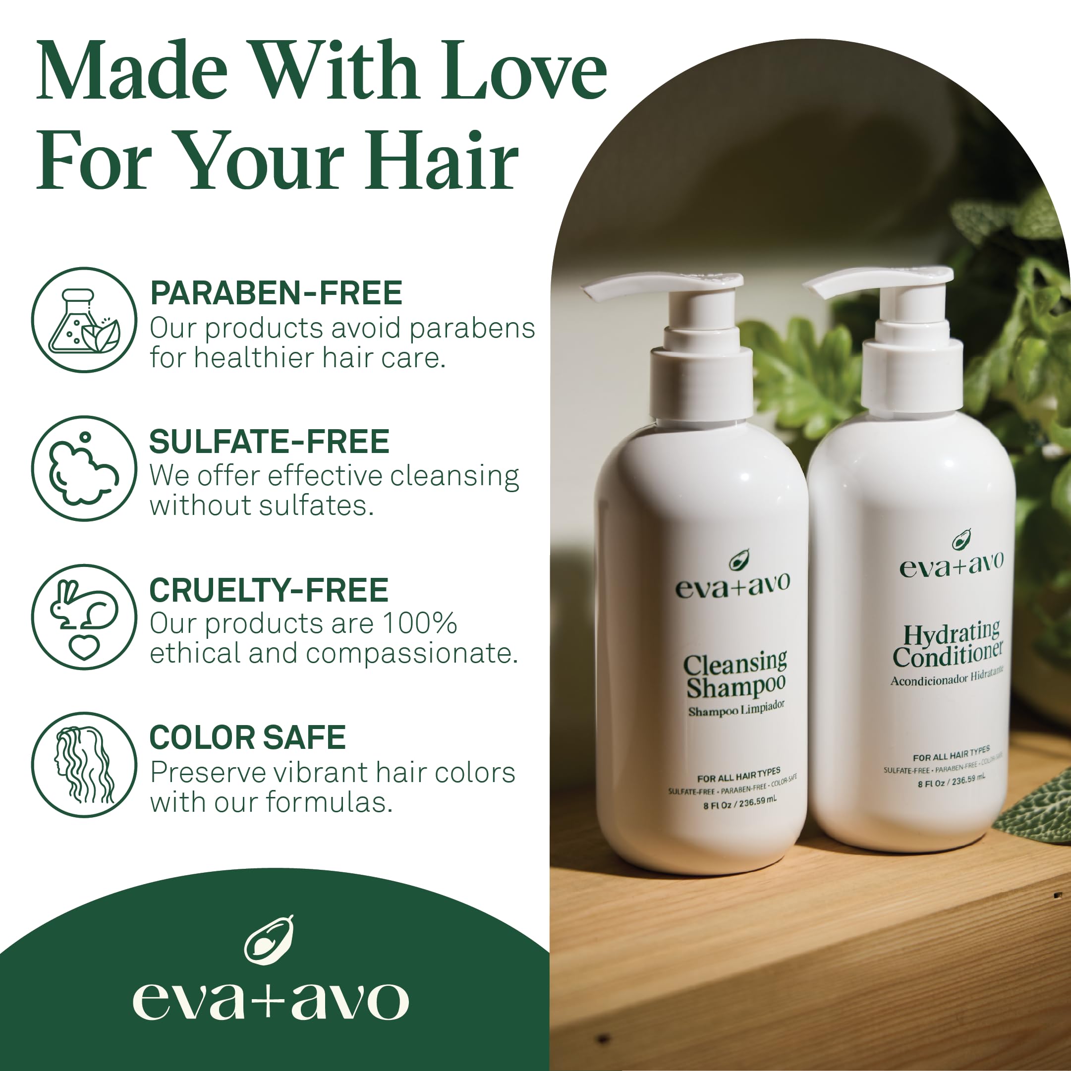 EVA + AVO Shampoo and Conditioner Set – Cleansing Shampoo and Hydrating Conditioner with Avocado Oil and Wild Rosemary for All Hair Types – 8 Fl Oz