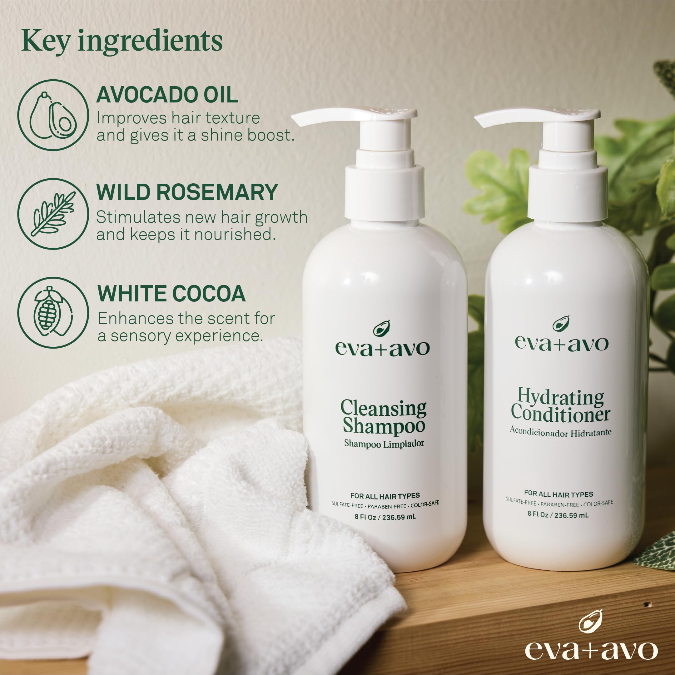 EVA + AVO Shampoo and Conditioner Set – Cleansing Shampoo and Hydrating Conditioner with Avocado Oil and Wild Rosemary for All Hair Types – 8 Fl Oz