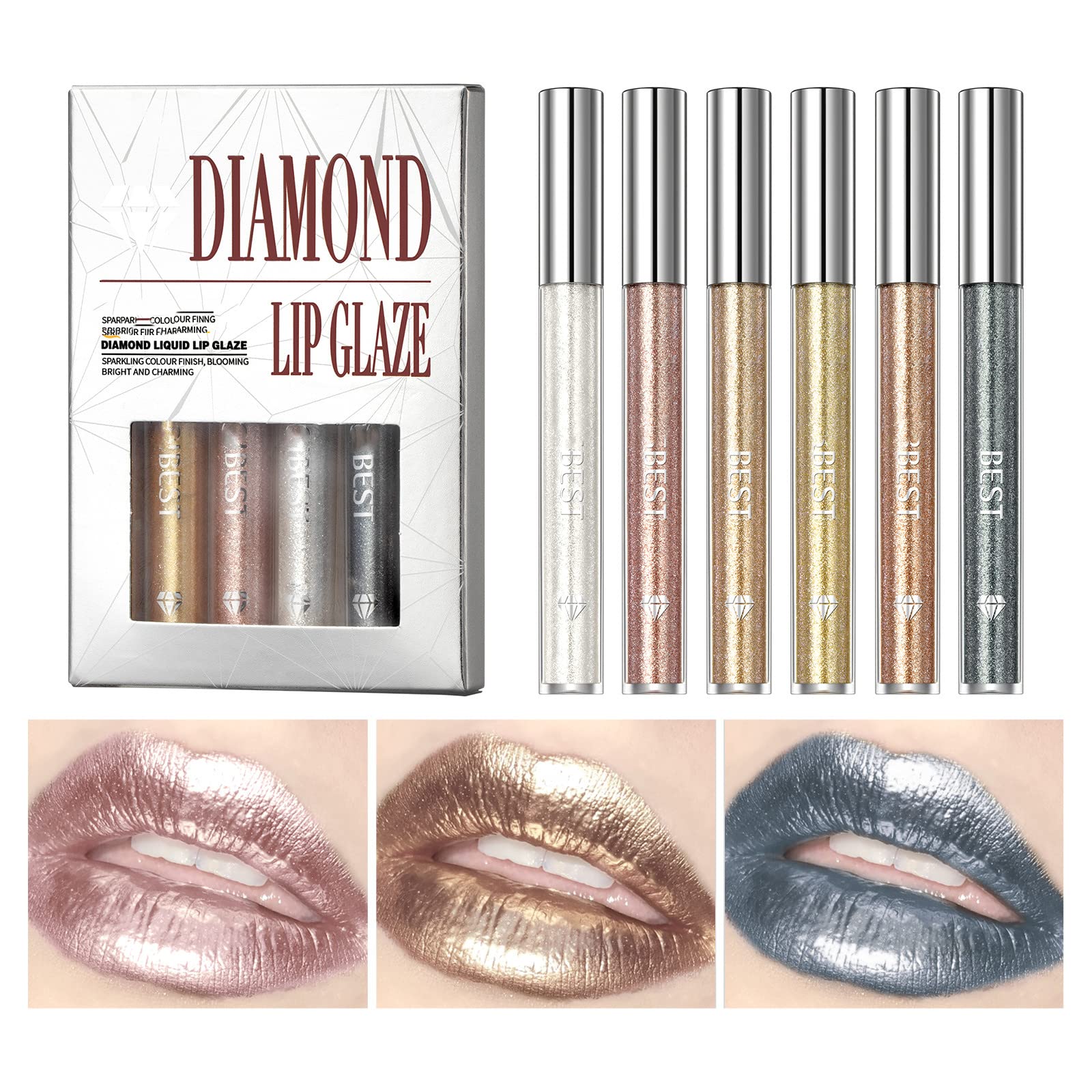 MAEPEOR Metallic Liquid Lipstick Set 6 Color Shimmer & Glitter Metallic Lipstick Long Wear and Non-stick Cup Diamond Pearl Lip Gloss Kit (Set 01)