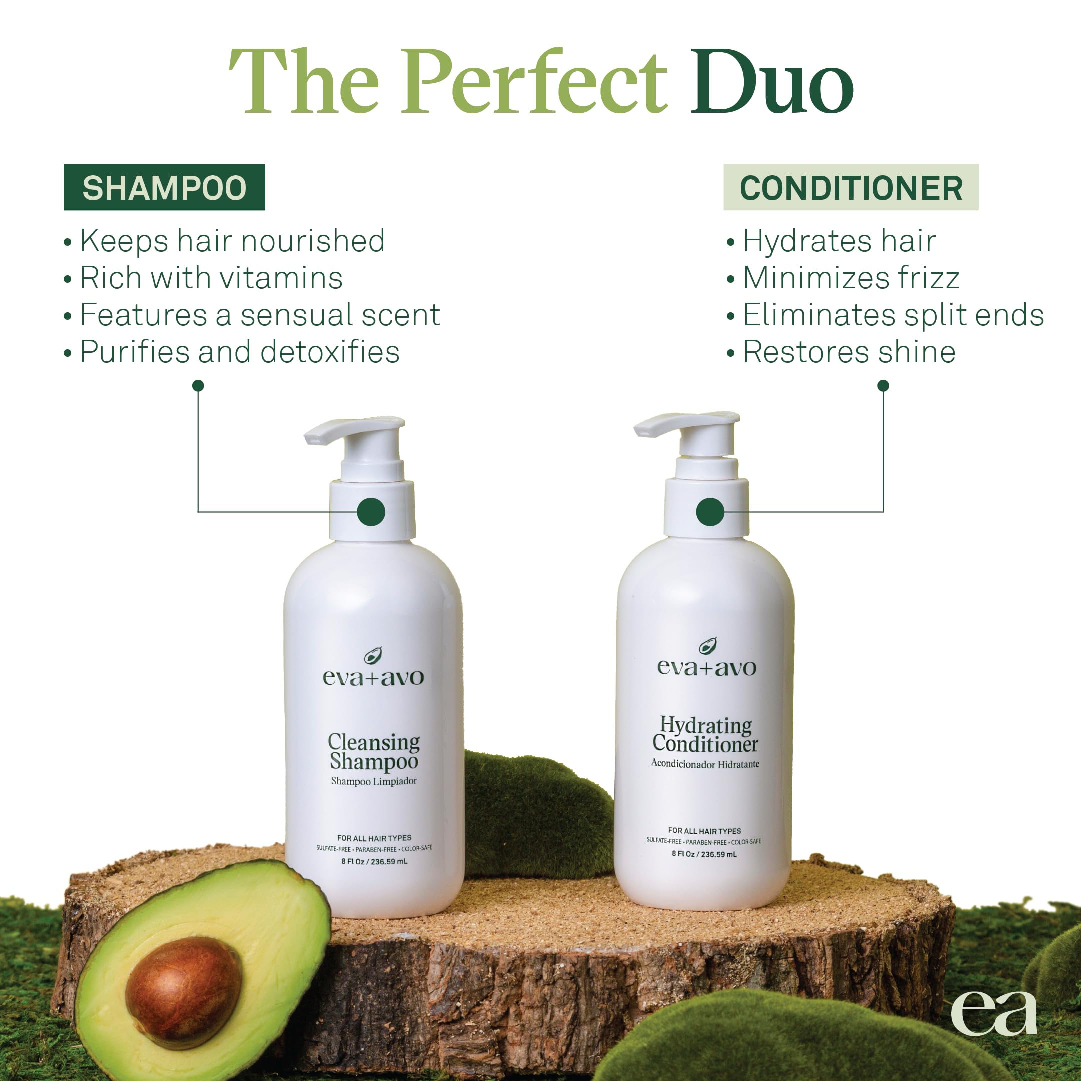 EVA + AVO Shampoo and Conditioner Set – Cleansing Shampoo and Hydrating Conditioner with Avocado Oil and Wild Rosemary for All Hair Types – 8 Fl Oz