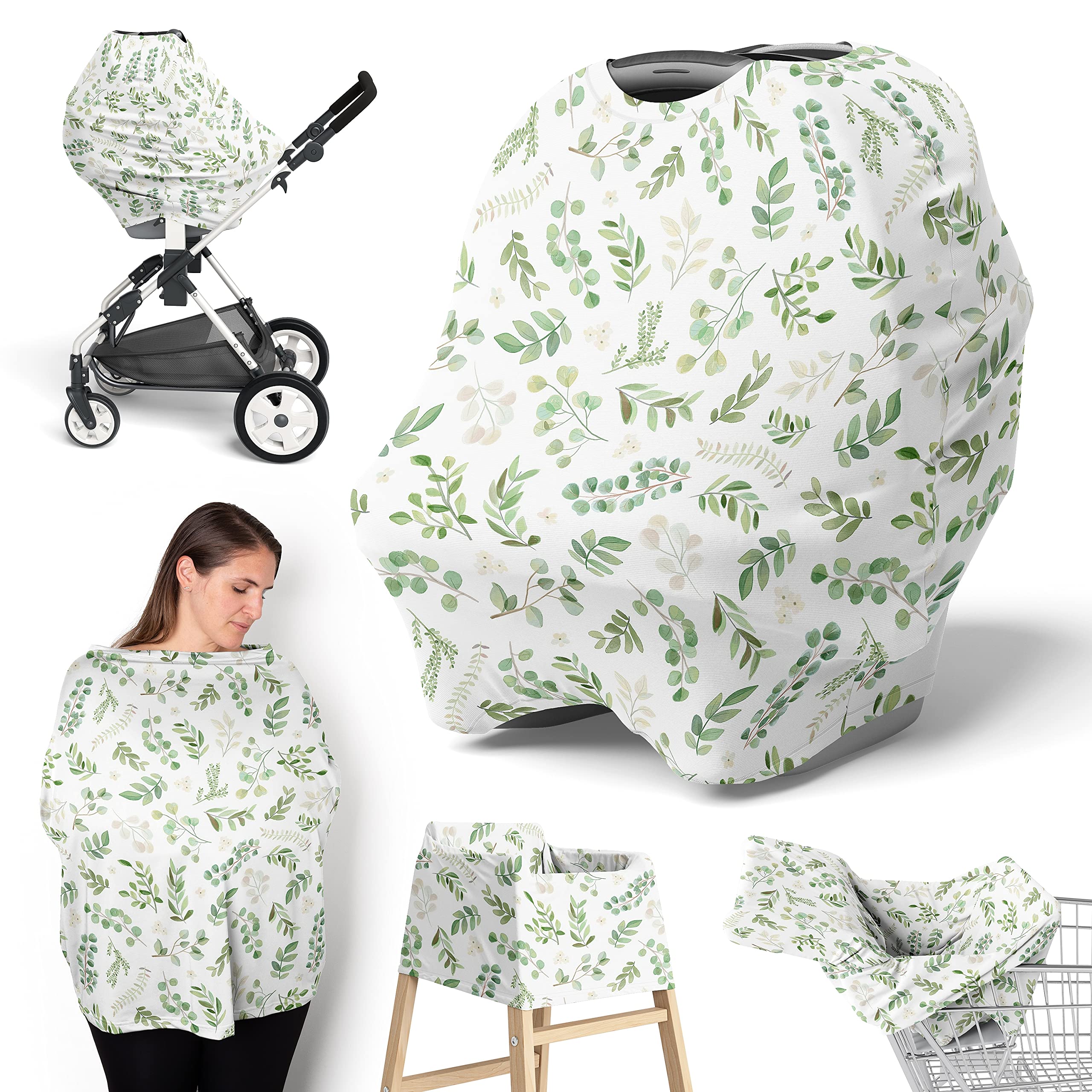 Sweet Jojo Designs Floral Leaf Boy Girl Infant Baby Car Seat Cover Nursing Breastfeeding Shopping Cart Stroller Canopy Green White Boho Bohemian Watercolor Botanical Flower Woodland Tropical Garden