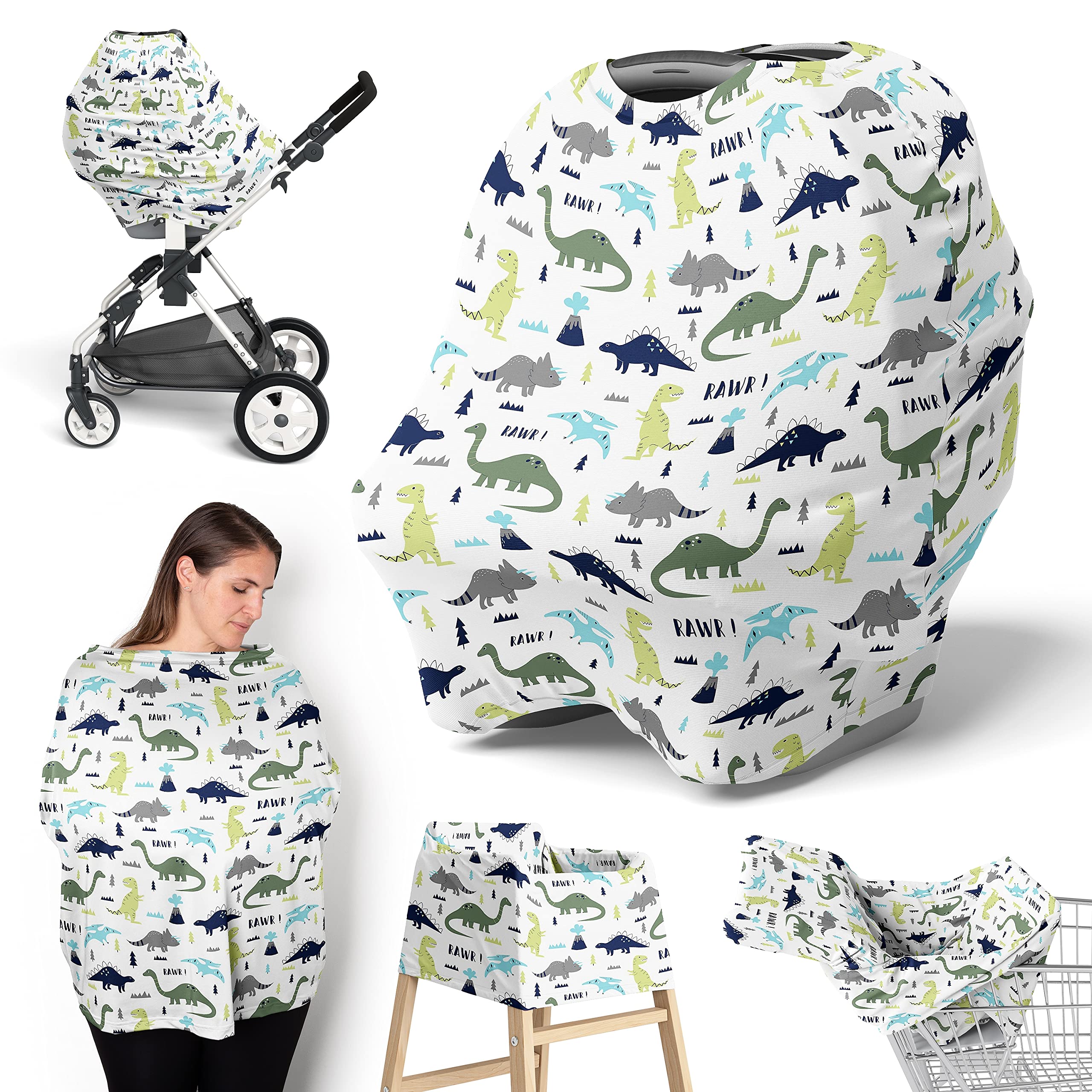 Sweet Jojo Designs Blue and Green Dinosaur Boy Infant Baby Car Seat Cover Nursing Breastfeeding Shopping Cart Stroller Canopy - Turquoise Dark Green Modern Boho Grey and White Mod Dinosaurs