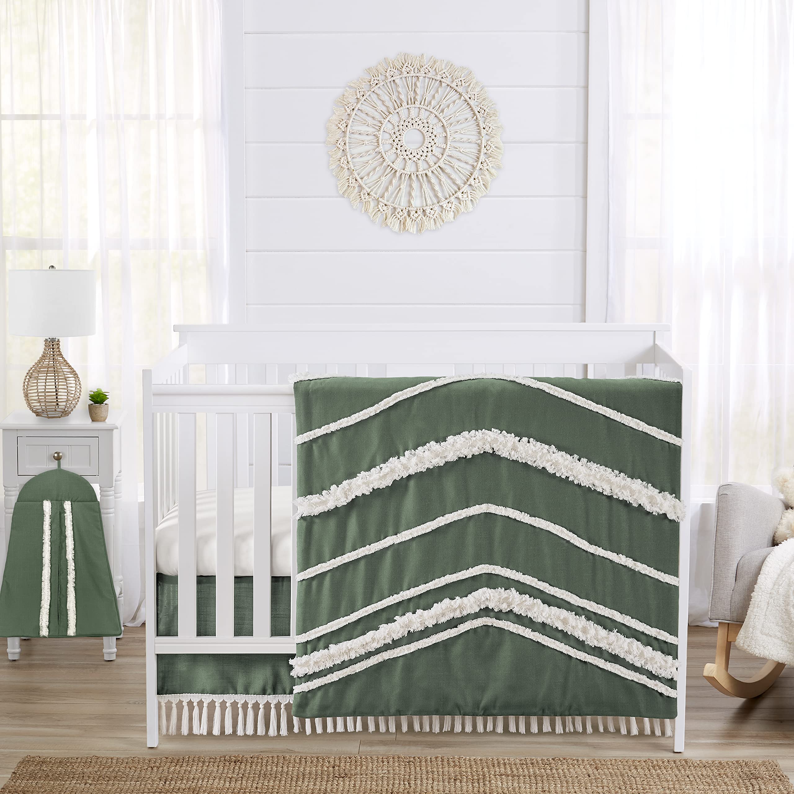 Sweet Jojo Designs Dark Green Boho Chic Baby Girl Boy Unisex Nursery Crib Bedding Set Solid Sage Hunter Ivory Bohemian Gender Neutral Linen Tassel Modern Farmhouse Minimalist 4pc