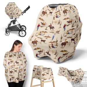 Sweet Jojo Designs Western Cowboy Boy Infant Baby Car Seat Cover Nursing Breastfeeding Shopping Cart Stroller Canopy - Tan Brown Red Southern Country Chocolate Blue and White Wild West Horse