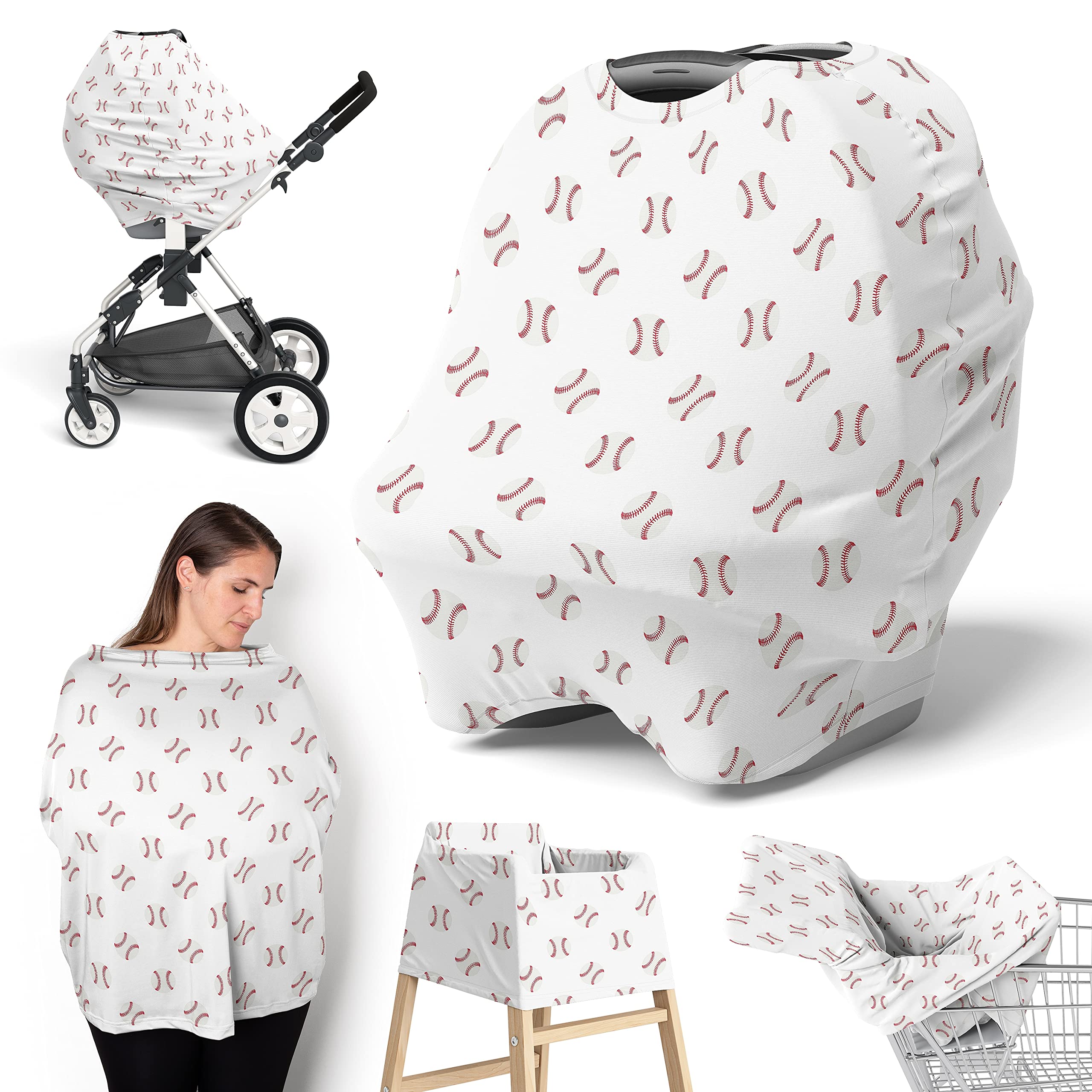 Sweet Jojo Designs Baseball Sports Boy Infant Baby Car Seat Cover Nursing Breastfeeding Shopping Cart Stroller Canopy - Red and White Americana