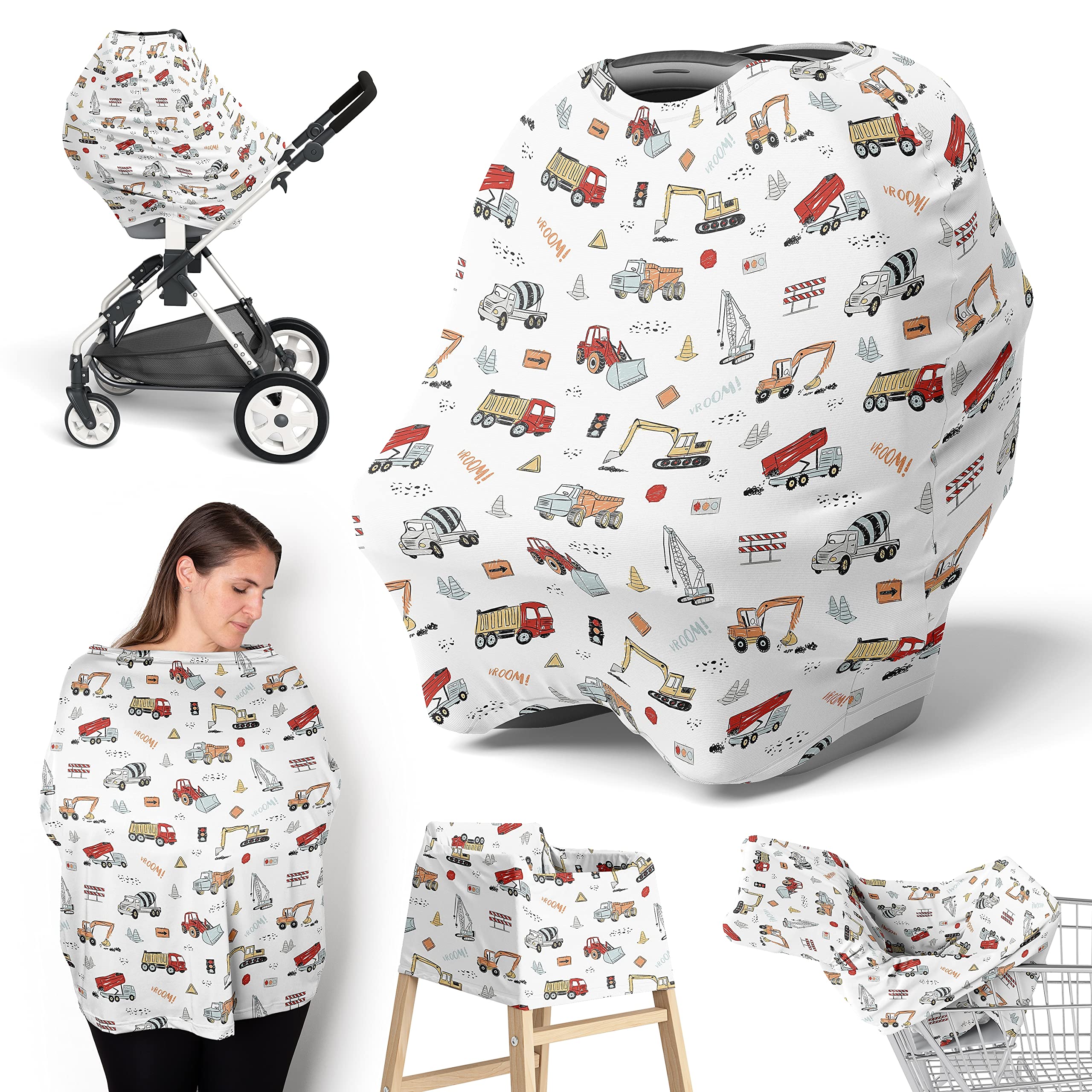 Sweet Jojo Designs Red and Blue Construction Truck Boy Infant Baby Car Seat Cover Nursing Breastfeeding Shopping Cart Stroller Canopy - Grey Yellow Orange Brown Black and White Transportation