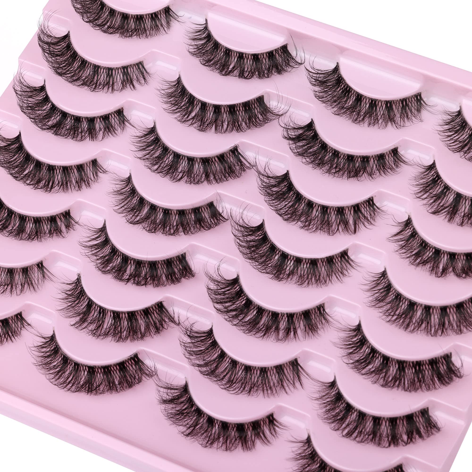 JIMIRE False Eyelashes with Clear Band Wispy Cat Eye Natural Russian Strip D Curl Lashes Faux Mink Cat Eye 15MM Wispy Fluffy Thin Lashes 14 Pairs Pack