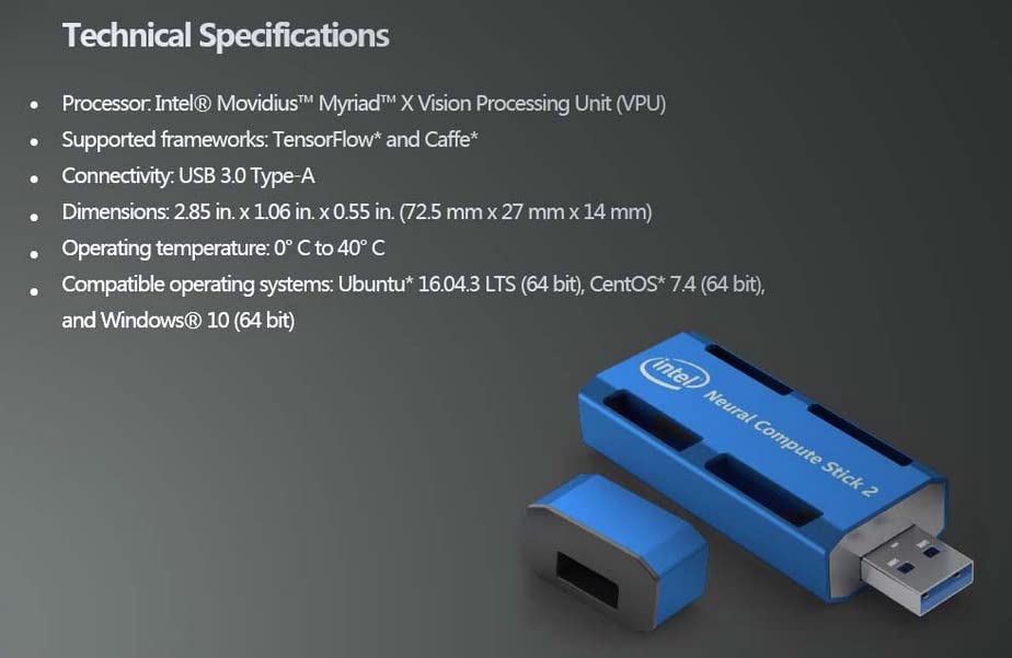 Intel NCS2 Movidius Neural Compute Stick 2, Perfect for Deep Neural Network Applications (DNN)