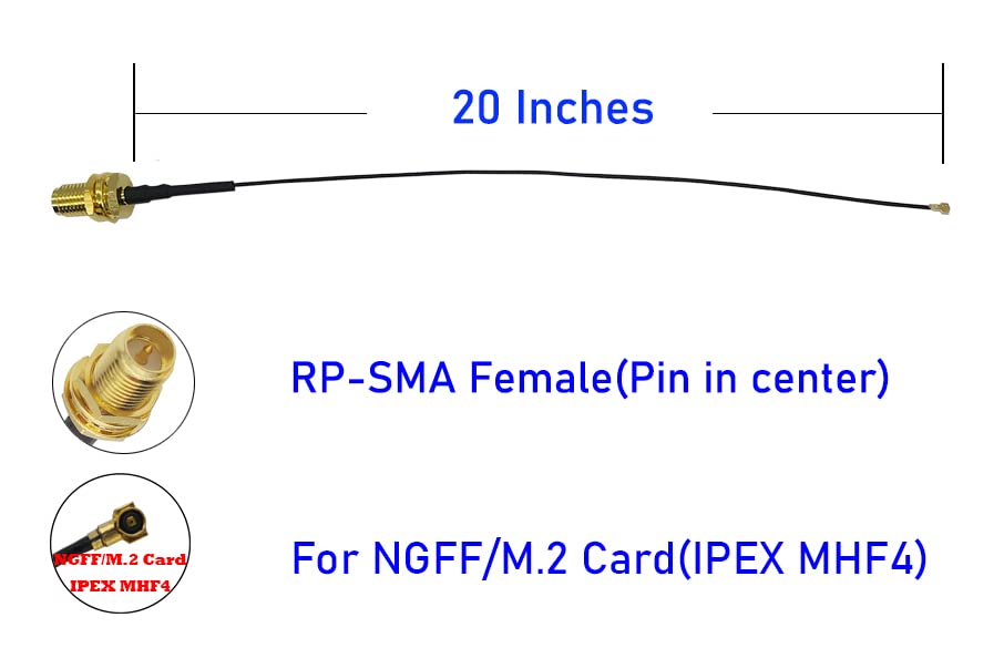 U.FL to RP-SMA M.2 NGFF UFL to RP SMA Female MHF4 IPX4 IPEX4 Ipex Connector Pigtail WiFi Antenna Extension Cable (20 inch 2 Pcs)