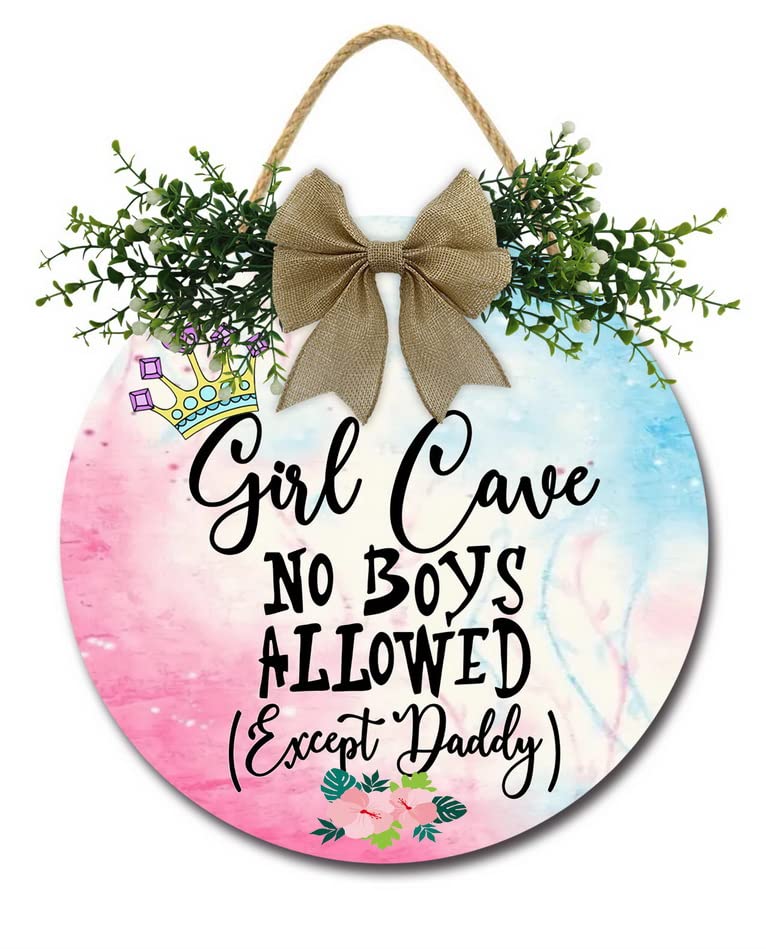 Girl Cave Sign, Girls Room Front Door Sign Baby Toddler Kids Bedroom Living Room Hanging Rustic Wood Farmhouse Nursery Toddler Room Decoration Girl Cave Round Door Hanging Sign 11"