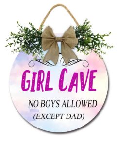 girl room door sign girls bedroom decor no boys allowed sign for girls bedroom stuff for teen girls kids baby door wall decorations round wood wreath girl cave round door hanging sign 11"