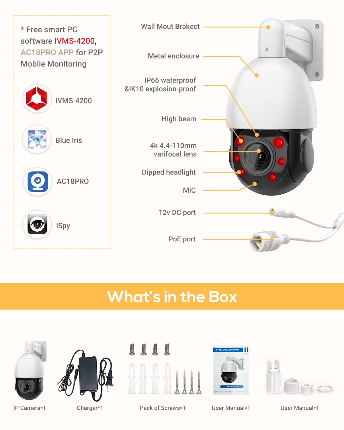 PANOEAGLE Auto Tracking 4K 8MP PTZ IP Camera with Pan Tilt 25x Optical Zoom,Human/Vehicle Detection,328ft IR Night Vision,2-Way Talk,Outdoor Dome PTZ Camera with Auto Cruise,IP66