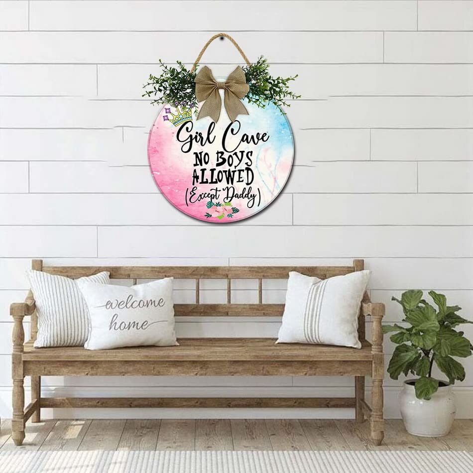 Girl Cave Sign, Girls Room Front Door Sign Baby Toddler Kids Bedroom Living Room Hanging Rustic Wood Farmhouse Nursery Toddler Room Decoration Girl Cave Round Door Hanging Sign 11"