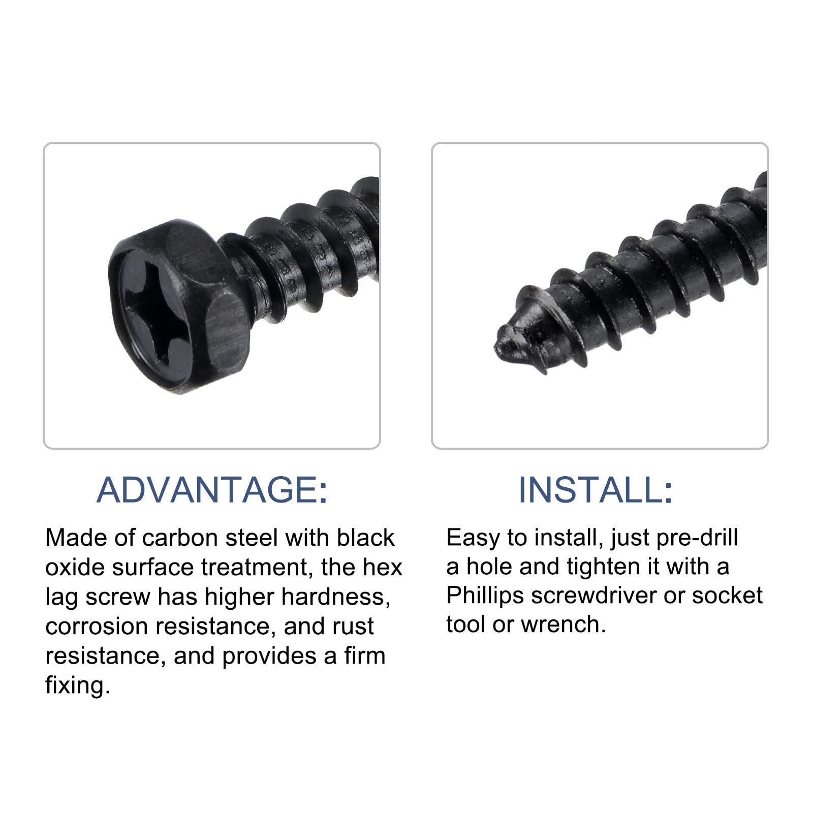 METALLIXITY Hex Lag Screws (1/4" x 2")10Pcs, Carbon Steel Phillips Self-Tapping Wood Bolts - for Household Applications