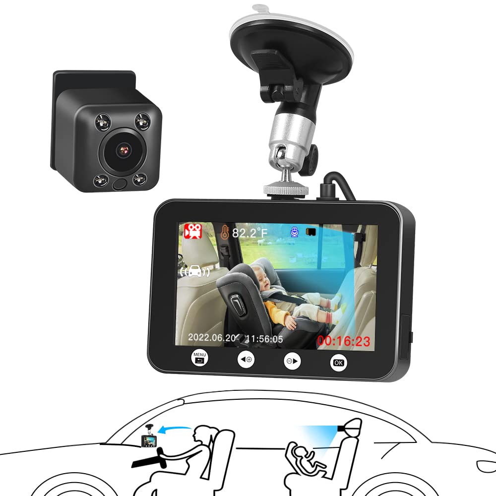 VSYSTO Baby Car Camera Recorder - 4.3" HD Monitor Dash Cam for Back Seat Rear-Facing Monitoring with Strap-Mounted 940nm IR Night Vision Lens & Real-Time Temperature Detection