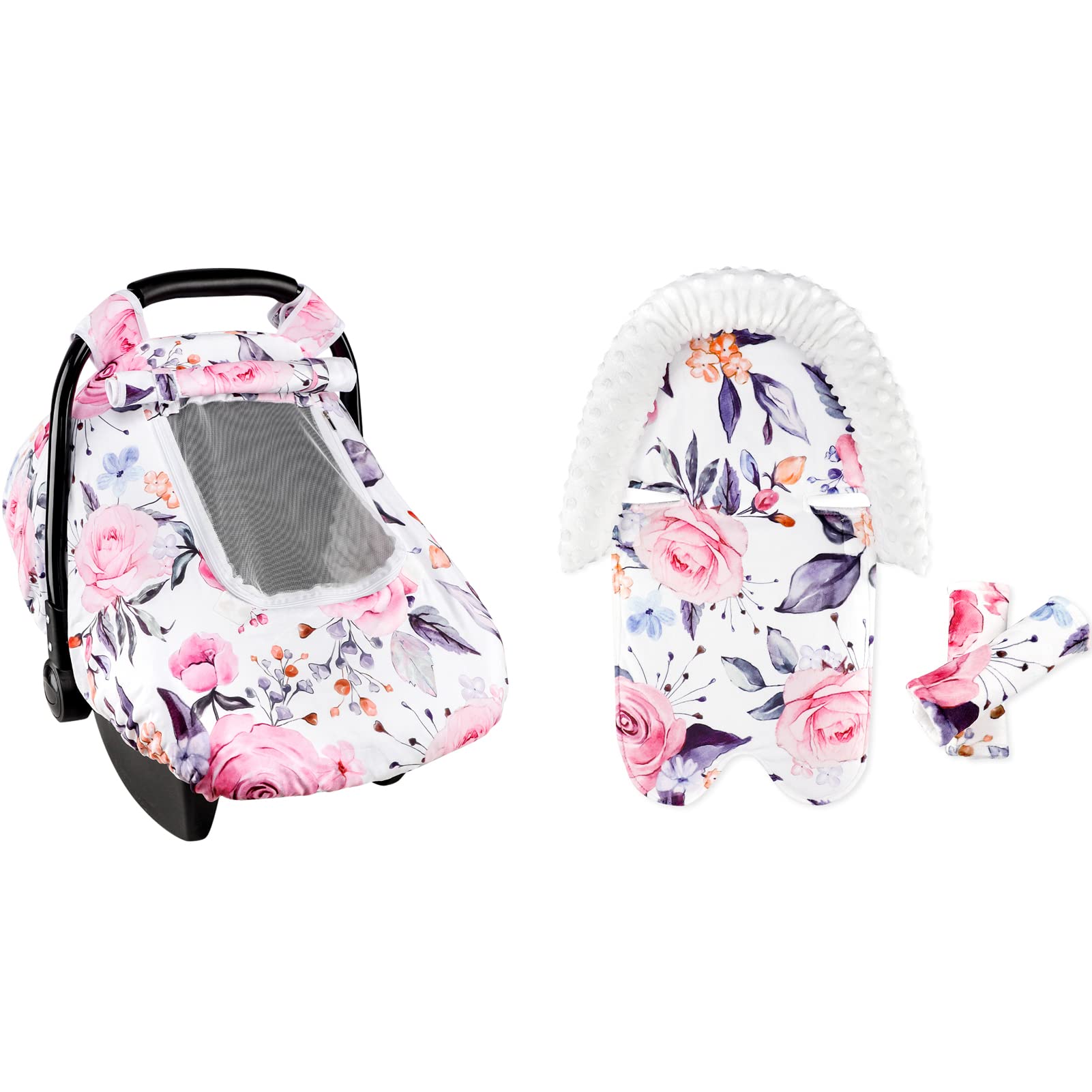 Floral Baby Car Seat Covers and Infant Car Seat Head Support Strap Covers, Double Layer, Super Soft Minky & Dot Fabric