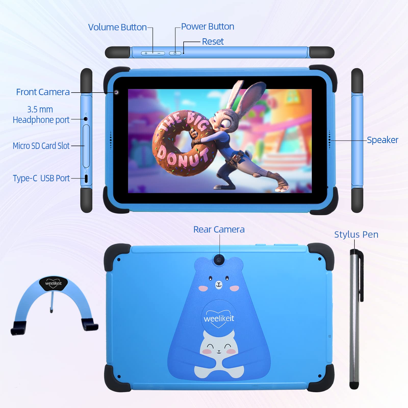 weelikeit Kids Tablet 8 inch Android 11, Learning Tablet for Toddlers, 2+32GB Children Tablets with WiFi 6, Bluetooth, Kids App Pre-Installed, YouTube, Netflix, Case, Stand, Stylus(Blue)