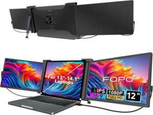 fopo 12" triple portable monitor 1080p fhd ips triple monitor extender, triple screen for laptop of 13"-14.1", compatible with windows/mac, connect with usb-c/hdmi(not for m1 m2 chip, chromebook)-s12