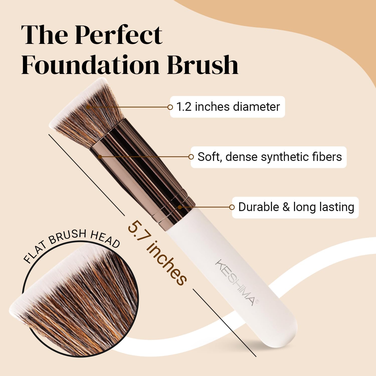 Foundation Brush Flat Top Kabuki By Keshima - Premium Foundation Brush for Liquid Makeup, Cream, and Powder - Buffing, Blending, and Face Brush (Regular Size, White)