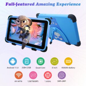 weelikeit Kids Tablet 8 inch Android 11, Learning Tablet for Toddlers, 2+32GB Children Tablets with WiFi 6, Bluetooth, Kids App Pre-Installed, YouTube, Netflix, Case, Stand, Stylus(Blue)