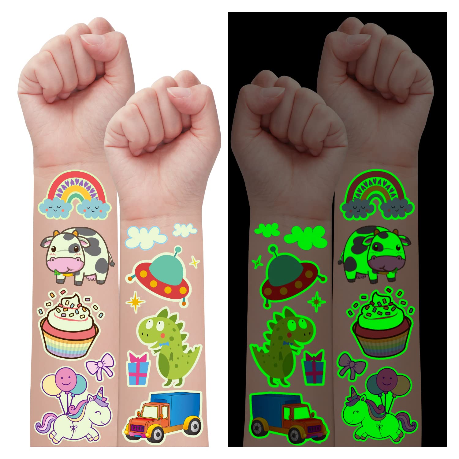 Partywind 260 Mixed Styles Glow Temporary Tattoos for Kids, Mermaid/Dinosaur/Pirate Tattoo Stickers for Boys and Girls, Birthday Party Supplies Favors (20 Sheets)