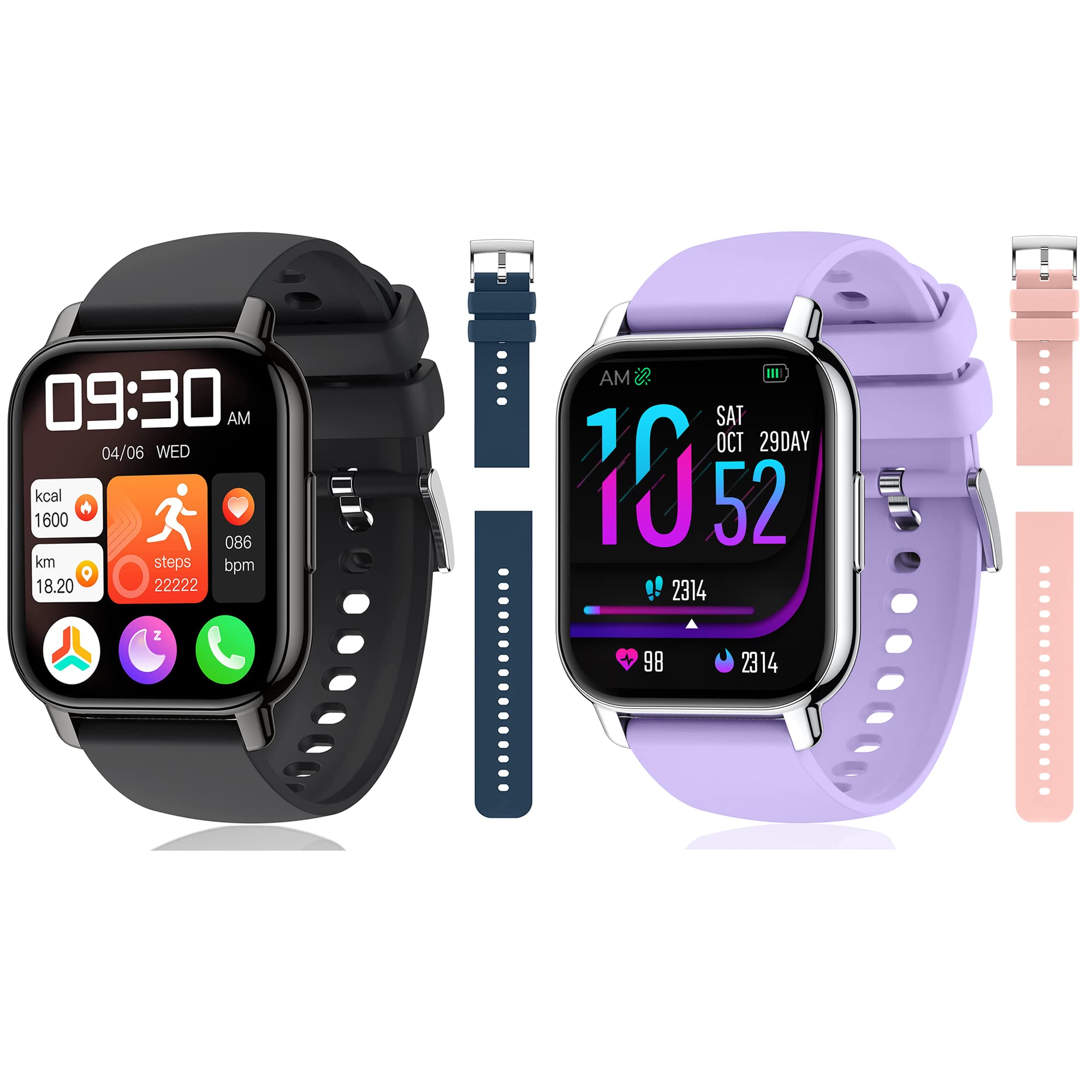 Popglory 2 Pack Smart Watch for Women & Men, 1.85'' Call Receive/Dial Smartwatch, Fitness Tracker with Blood Pressure/ure/SpO2/Heart Rate Monitor, Fitness Watch with 2 Straps for iOS & Android Phones