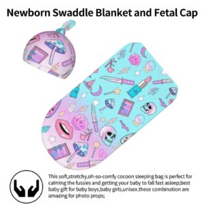 Newborn Swaddle Blankets Hat Sets Soft Stretchy Girly Pastel Witch Goth Pattern Baby Stuff Receiving Blanket Gifts for Infant Baby Boy Girl