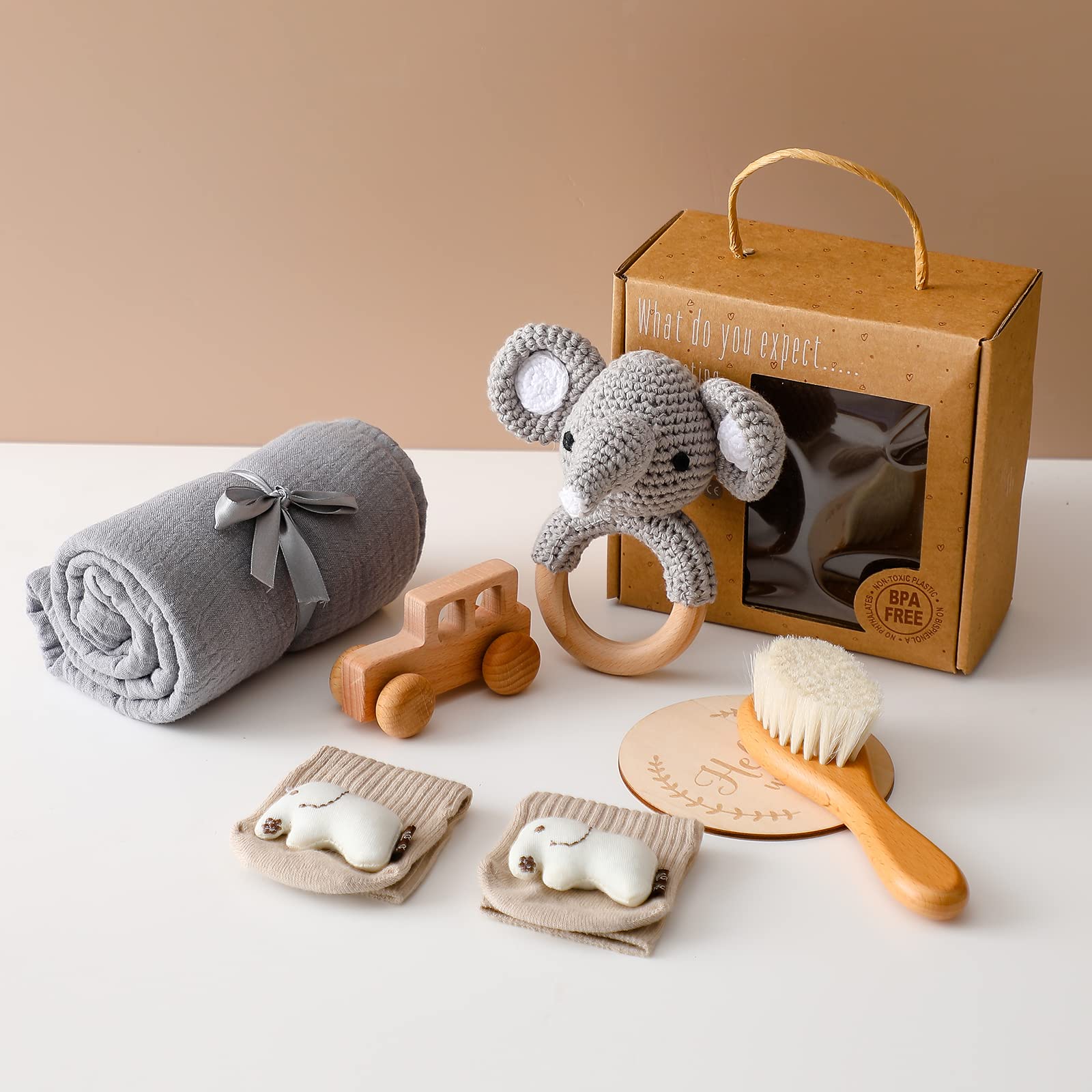 OESSUF New Born Baby Gift Basket, Baby Boys Girls Shower Gifts with Wooden Elephant Rattles, 6PCs Newborn Essentials Bath Set with Baby Brush,Blanket,Milestones Cards