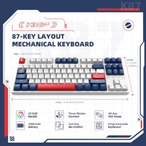 ZIYOU LANG Wireless Gaming Mechanical Keyboard，RGB Backlit 87 Keys Hot Swappable Custom Keyboard, Gasket Structure Triple Mode 2.4Ghz/BT 5.0/Wired Rechargeable Keyboard, Red Switch