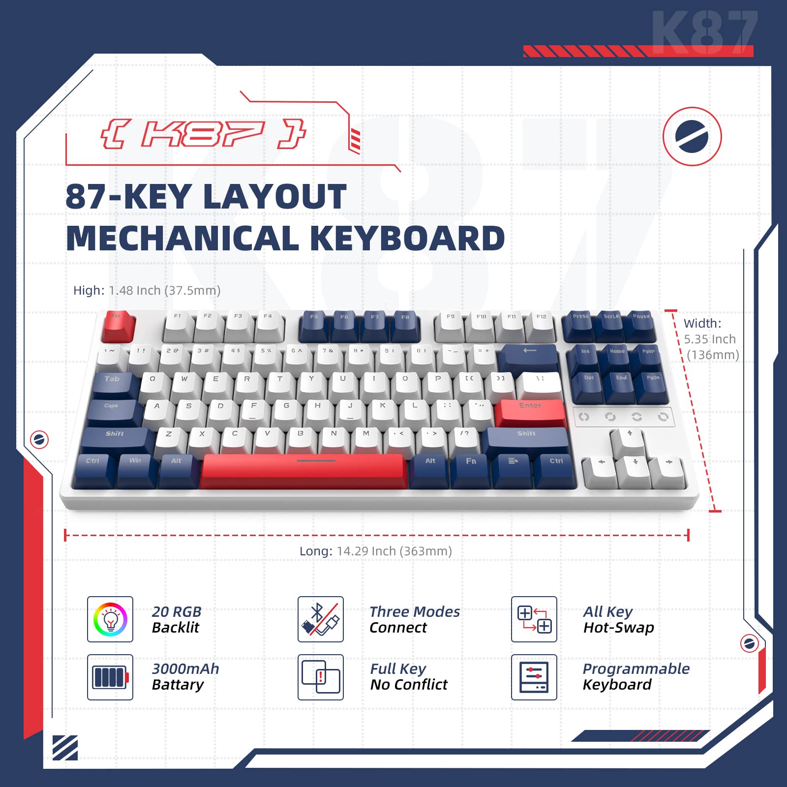 ZIYOU LANG Wireless Gaming Mechanical Keyboard，RGB Backlit 87 Keys Hot Swappable Custom Keyboard, Gasket Structure Triple Mode 2.4Ghz/BT 5.0/Wired Rechargeable Keyboard, Red Switch