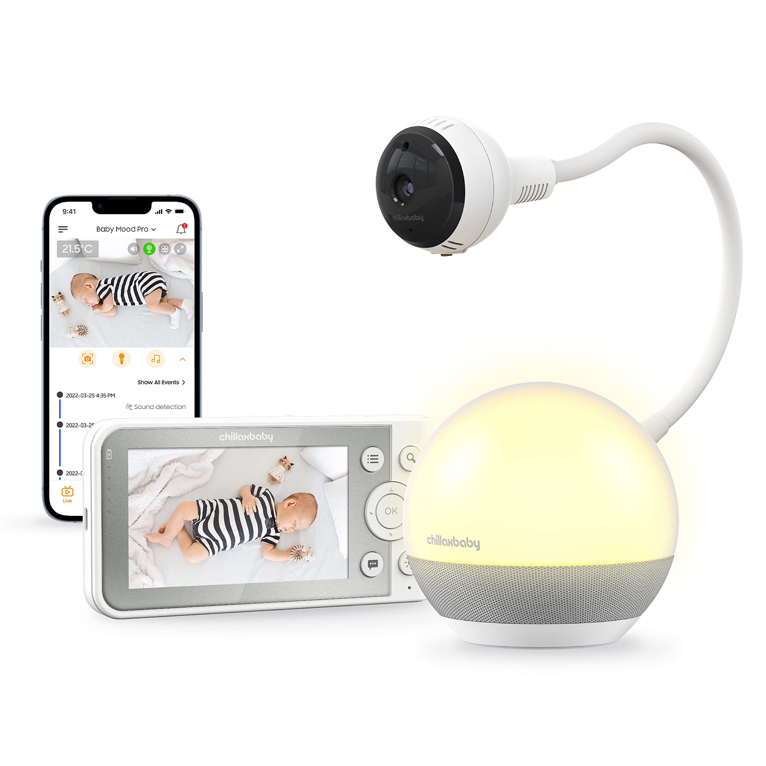 CHILLAX BabyMood Pro - 2 in 1 Baby Monitor with Camera and Audio with Remote Pan, Lights & Lullaby for Toddler & Infant - Full HD 360° Gooseneck Baby Camera for Nursery - Phone App & Tablet Access