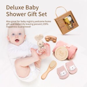 New Born Baby Gift Basket, Baby Boys Girls Shower Gifts with Wooden Rabbit Rattles, 6PCs New Born Essentials Bath Set with Baby Brush,Blanket,Milestones Cards