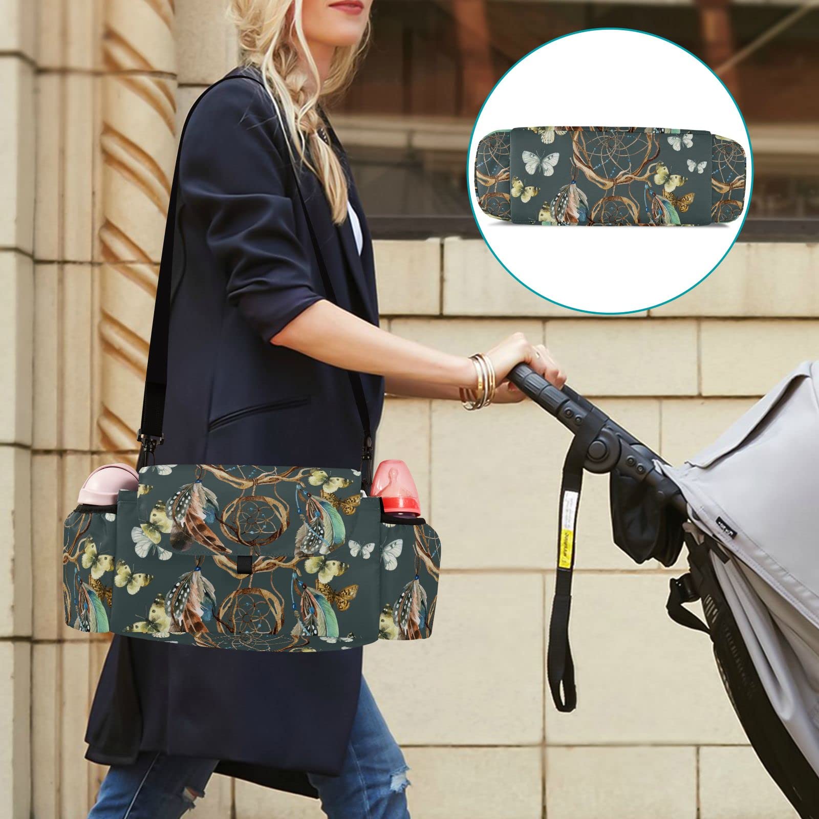 BOENLE Universal Baby Stroller Organizer with Two Insulated Cup Holders Dreamcatcher Butterfly Branch Detachable Zipper Bag,Large Capacity for Baby Essentials